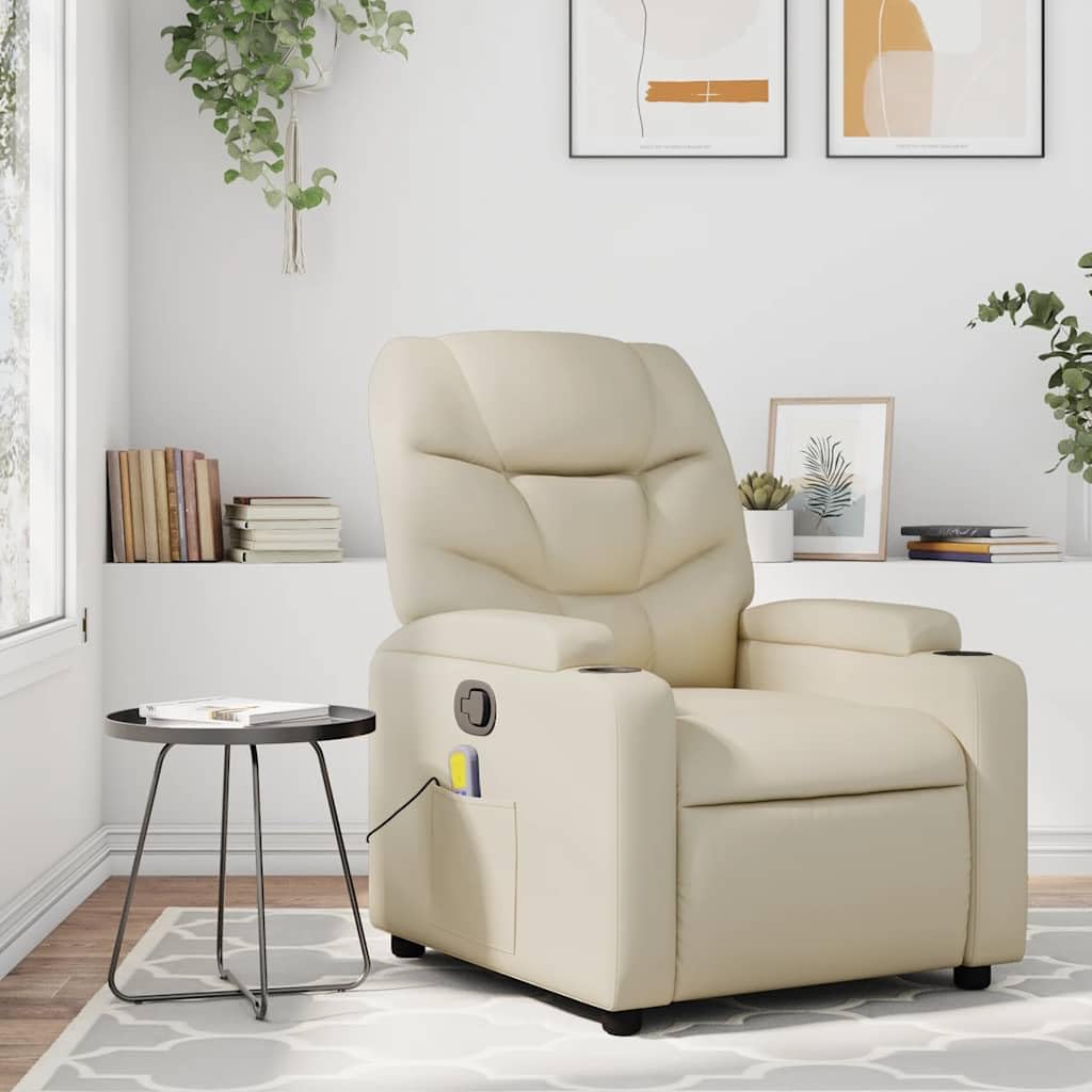 vidaXL Massage Recliner Chair - Cream Faux Leather, Manual Reclining, Vibration Massage Functions, Cup Holders, Solid Frame - Home, Office, Living Room, 3205644